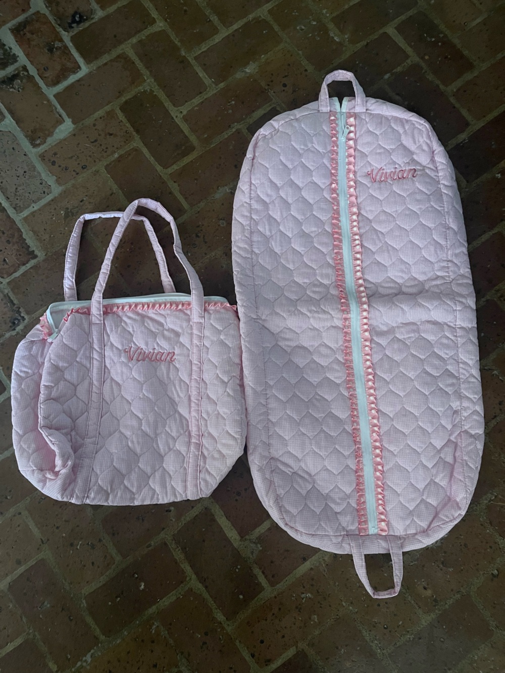 Personalized “Vivian” Pink Quilted Tote and Hanging Clothes  Set